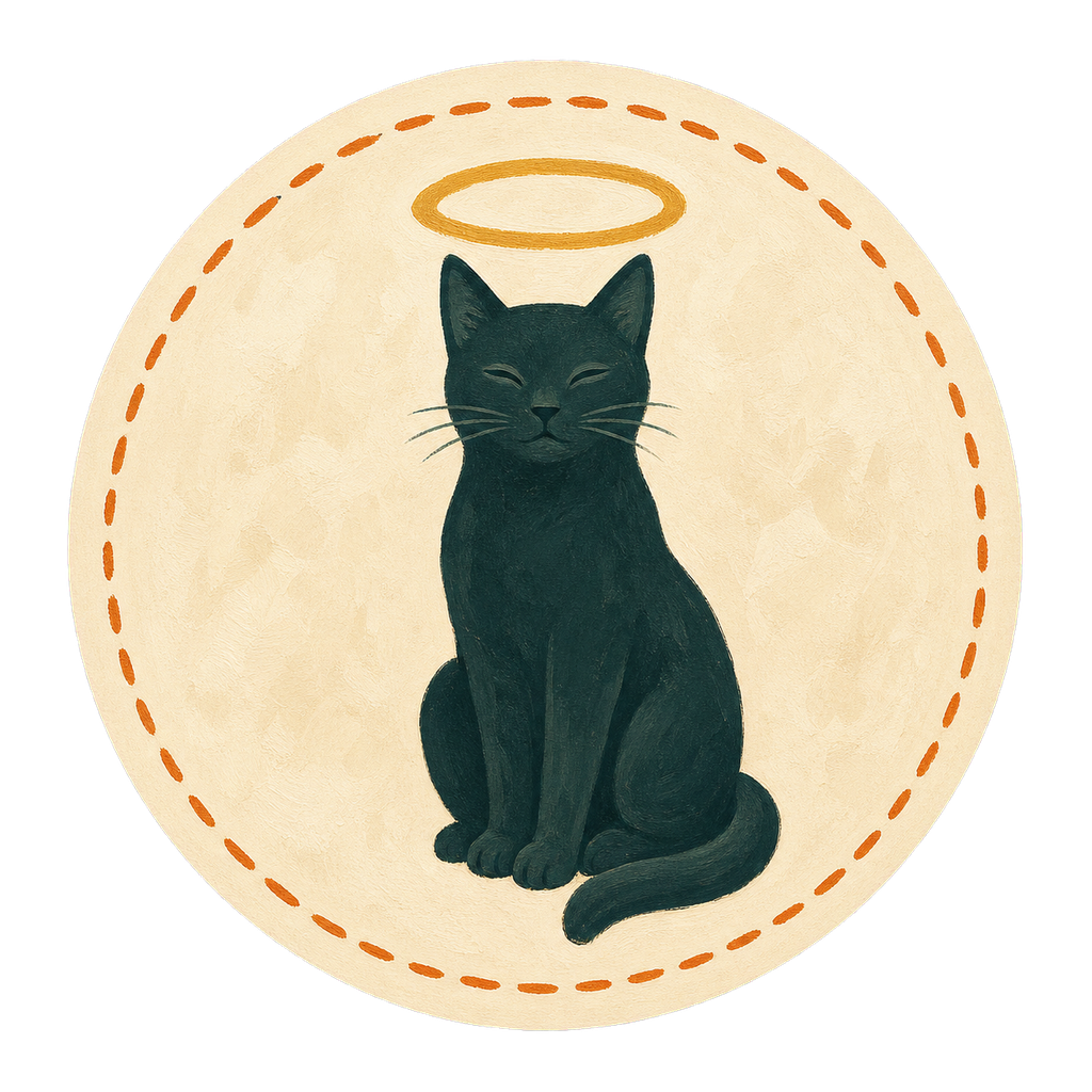 Illustration: round emblem of a cat with a halo above its head